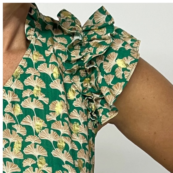 Periwinkle Collection Boutique Green Metallic Gold Printed Ruffle Blouse - Picture 3 of 8